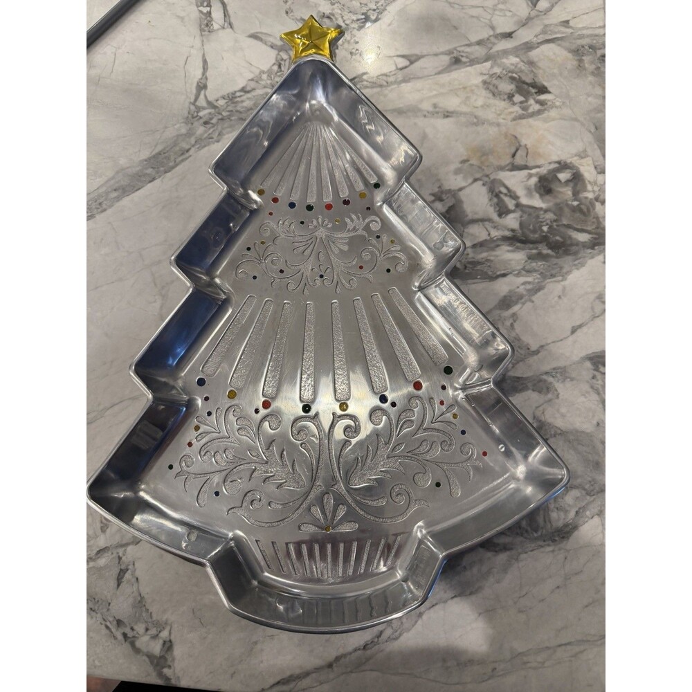 Gorham Christmas In Color Tree Serving Tray Silvertone Enamel 14.5 Inch Holiday